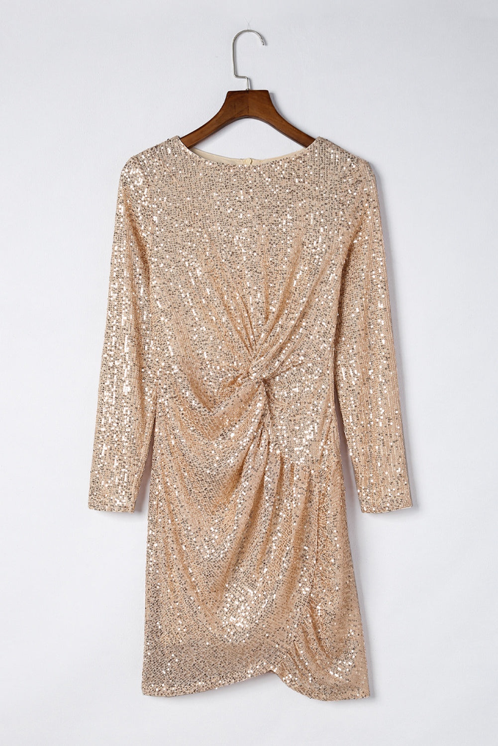 Aura Stylo - Sequin Knot Round Neck Long Sleeve Mini Dress