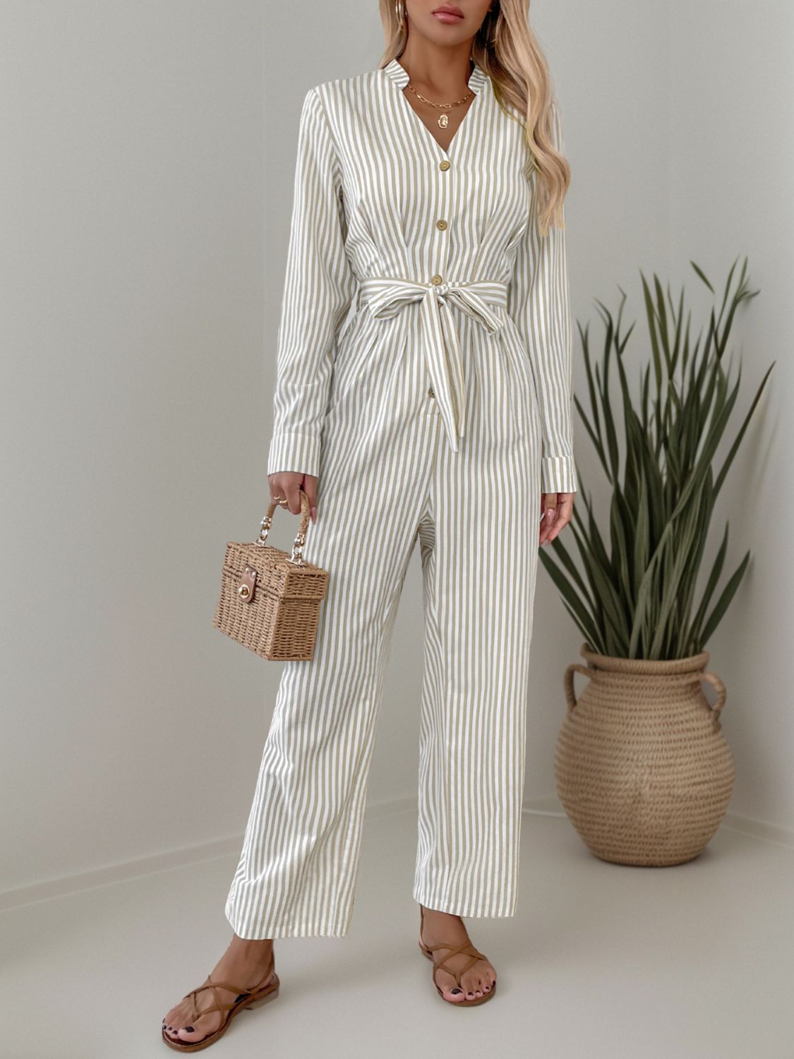 Aura Stylo - Striped Notched Long Sleeve Tie Waist Jumpsuit