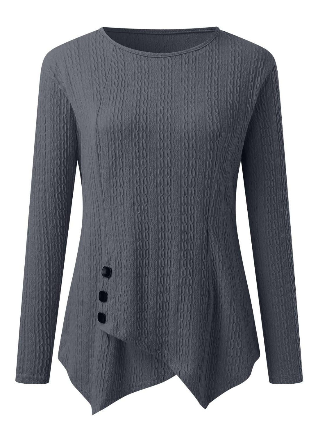 Decorative Button Round Neck Long Sleeve Top