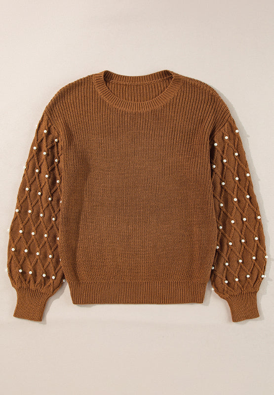  Pearl Detail Round Neck Long Sleeve Sweater