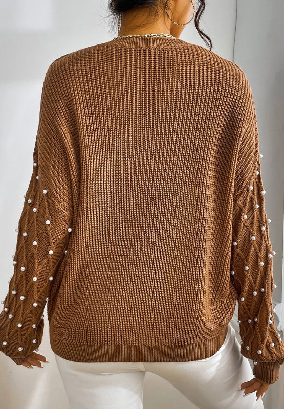  Pearl Detail Round Neck Long Sleeve Sweater