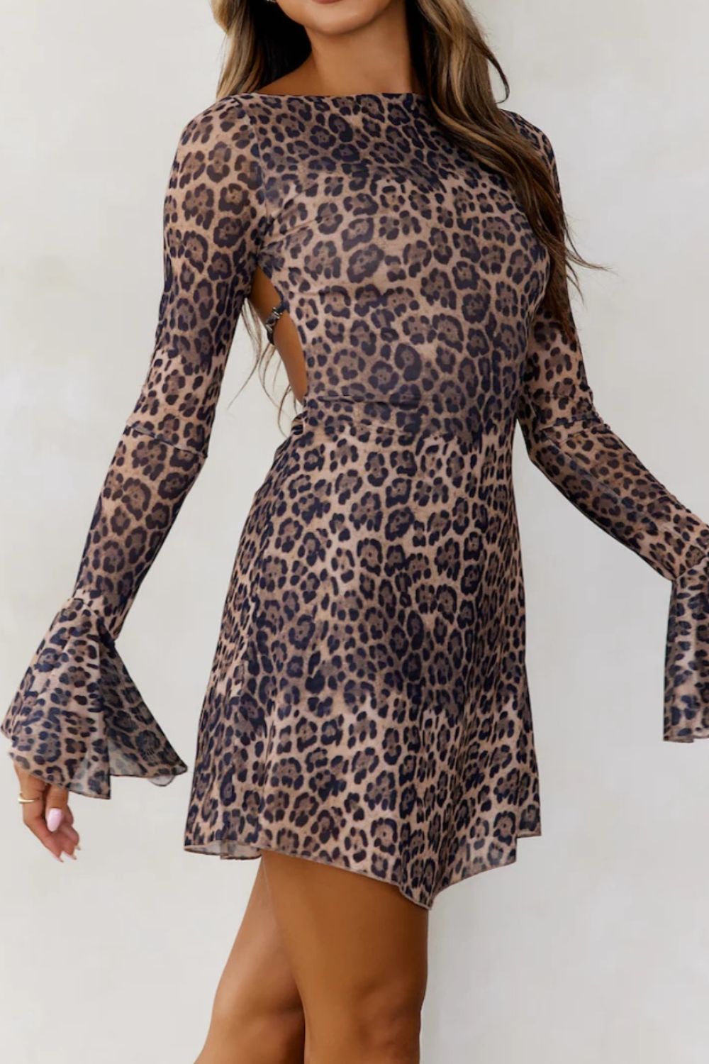 Aura Stylo - Backless Leopard Flare Sleeve Dress