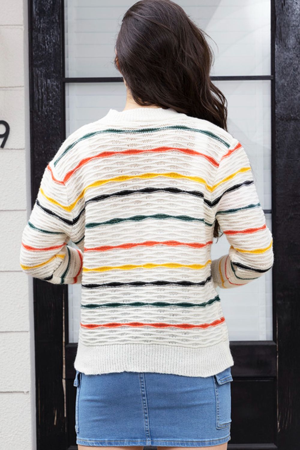 Aura Stylo - Striped Round Neck Long Sleeve Sweater