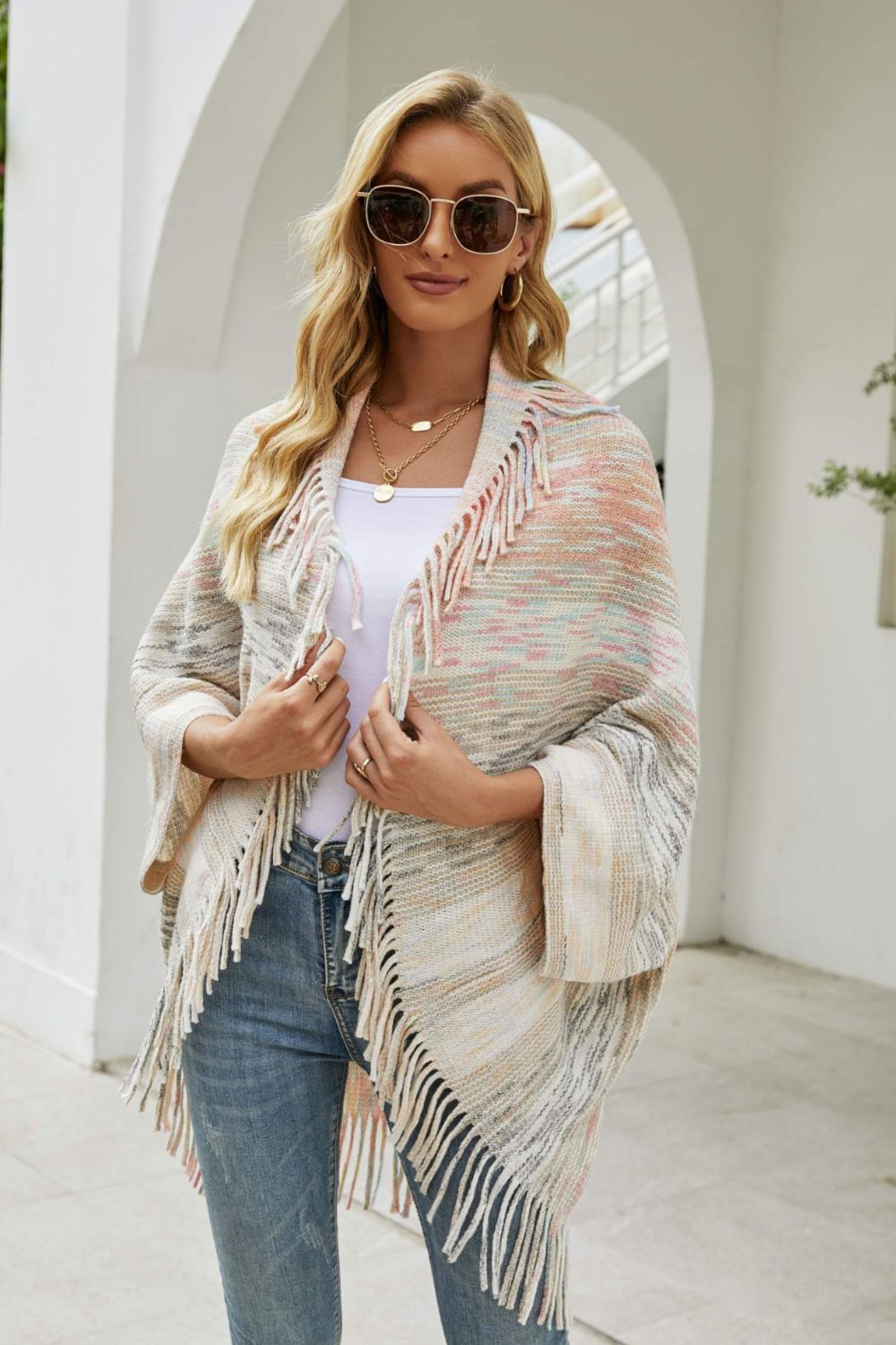 Aura Stylo - Multicolored Fringe Trim Poncho