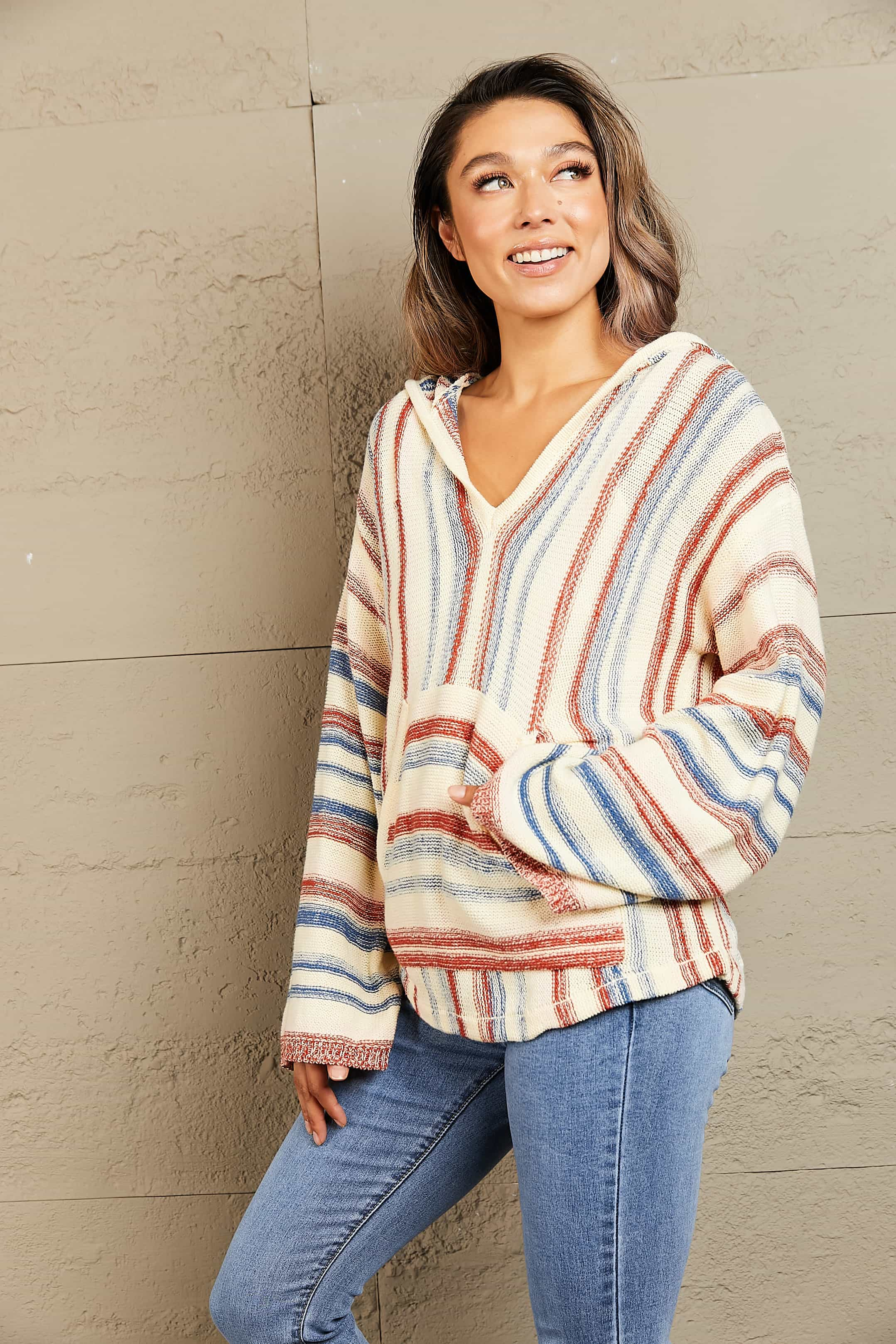 Striped Hooded Sweater with Kangaroo Pocket