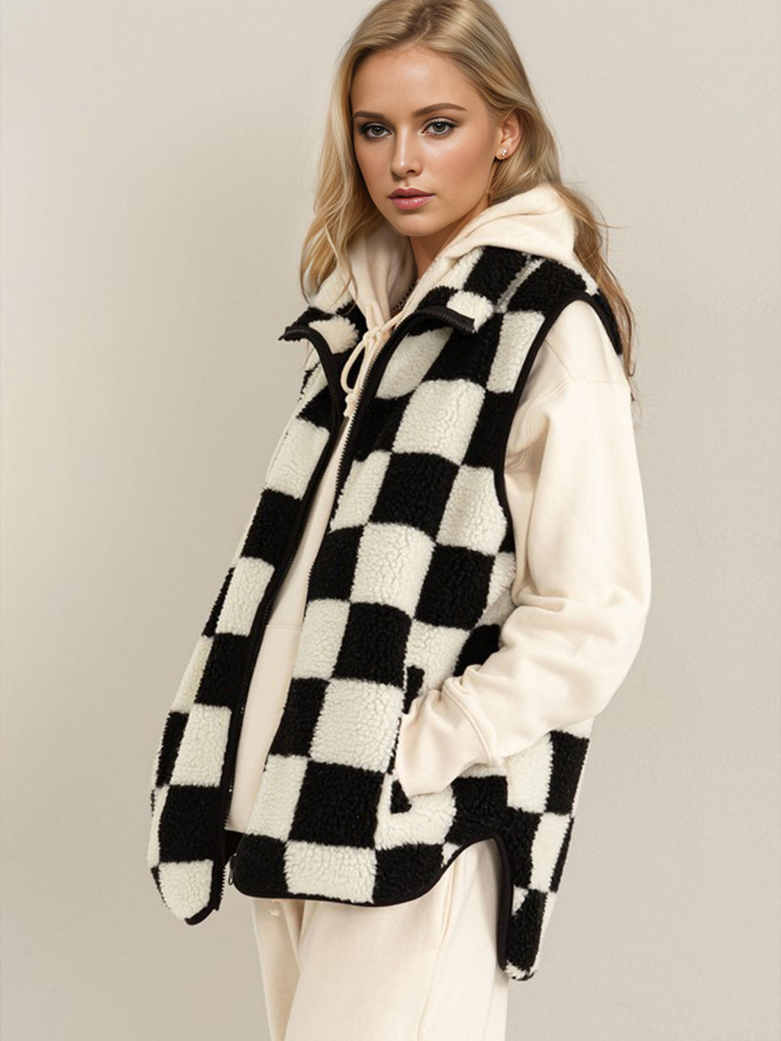 Aura Stylo - Double Take Full Size Zip Up Checkered Vest Cost