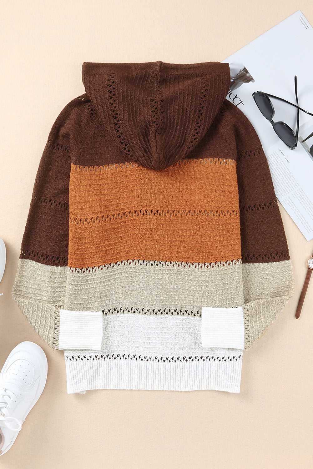 Aura Stylo - Zip-Up Raglan Sleeve Openwork Hooded Cardigan