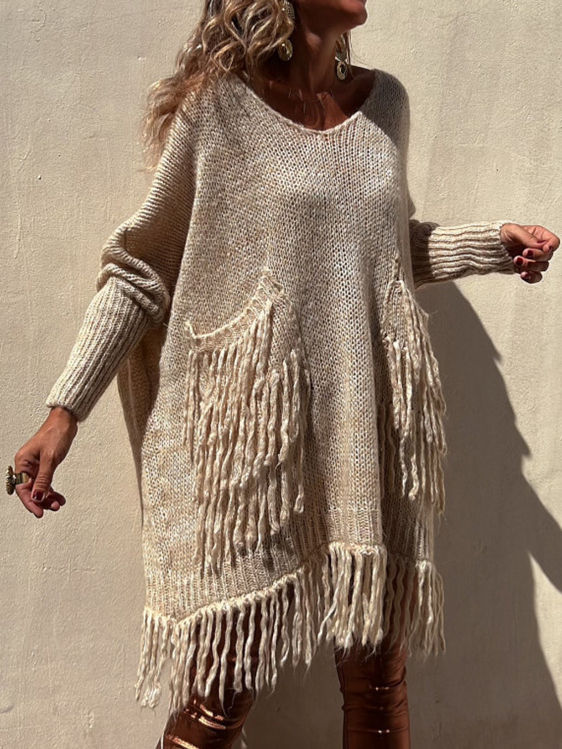 Aura Stylo - Fringe Detail Long Sleeve Sweater with Pockets