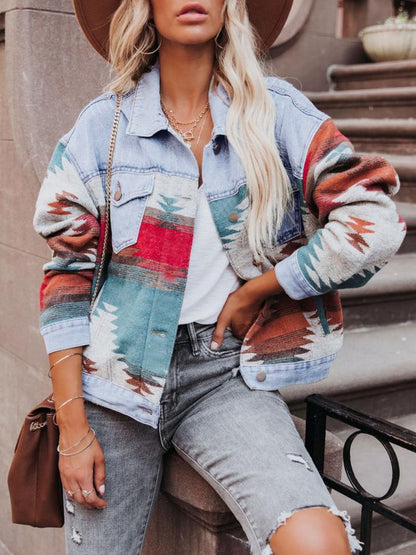 Geometric Button Up Long Sleeve Denim Jacket