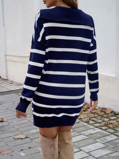 Aura Stylo - Devine Quarter Zip Striped Long Sleeve Sweater Dress