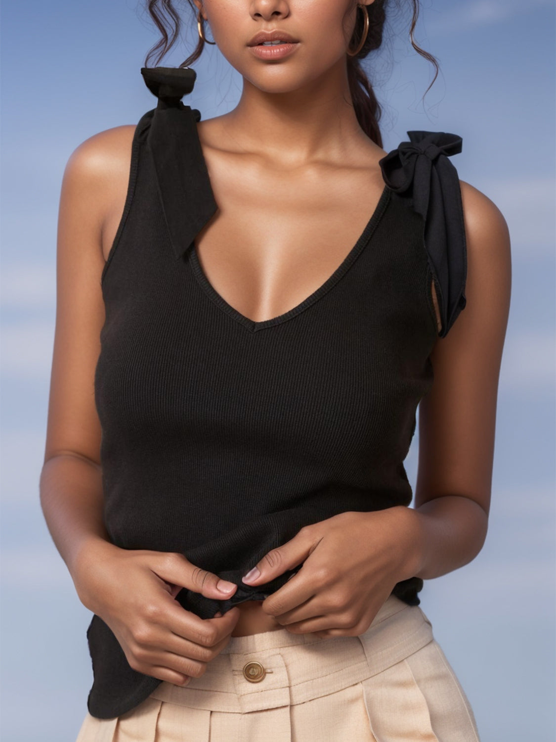 Fashionable V-Neck Tie Shoulder Tank