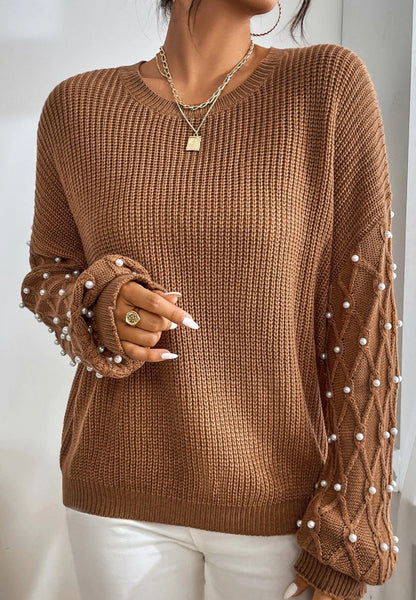  Pearl Detail Round Neck Long Sleeve Sweater