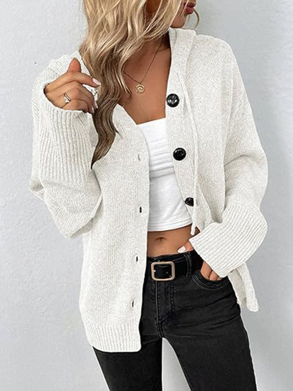 Aura Stylo - Button Up Drawstring Long Sleeve Hooded Cardigan