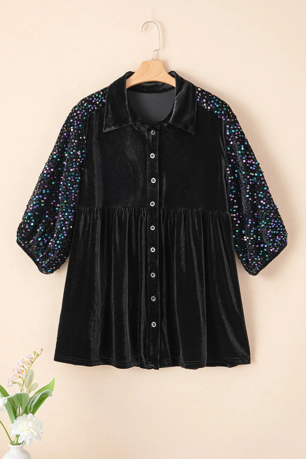 Aura Stylo - Sequin Collared Neck Three-Quarter Sleeve Oversize Shirt