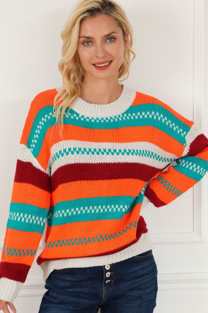 Aura Stylo - Contrast Striped Round Neck Long Sleeve Sweater