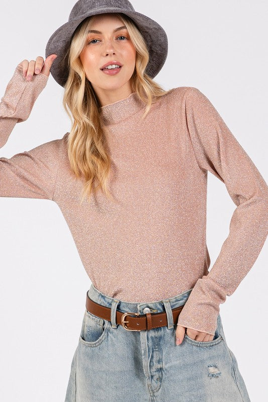 SAGE + FIG Glitter Mock Neck Lettuce Hem Long Sleeve Top