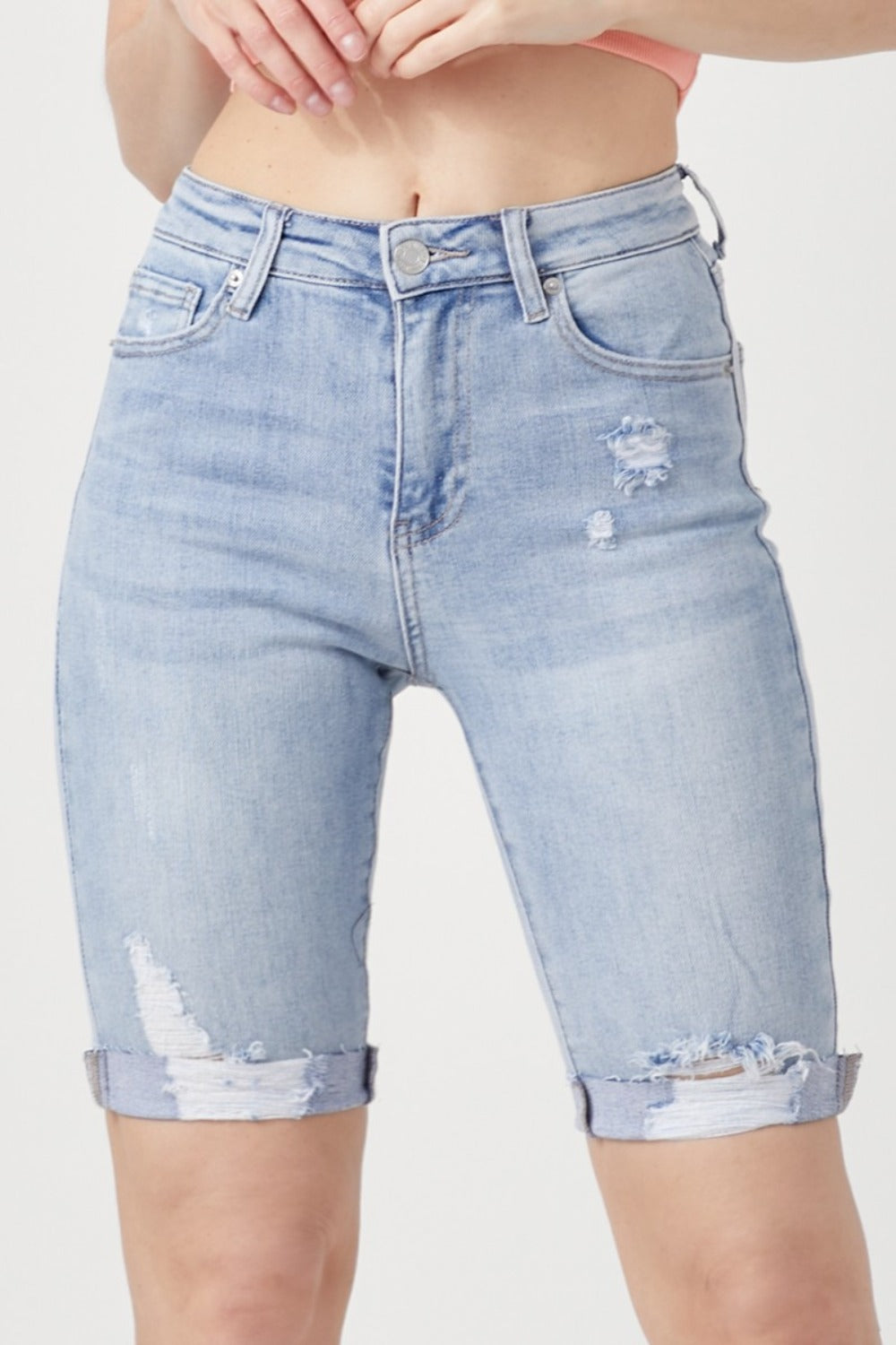 RISEN High Rise Distressed Denim Bermuda Shorts