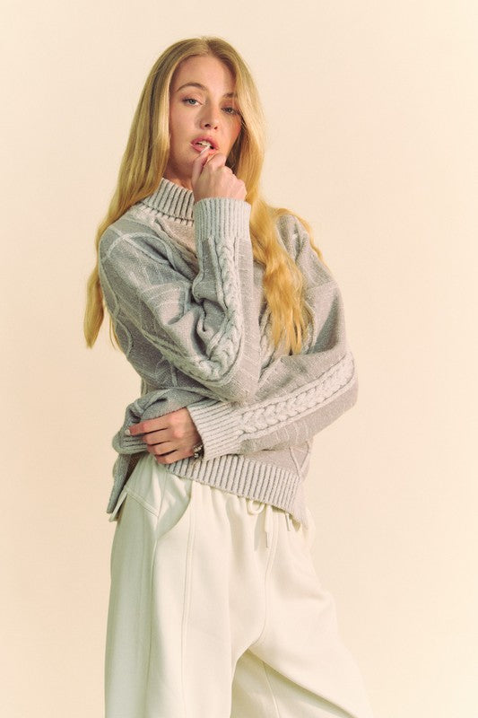 Davi &amp; Dani Cable-Knit Turtleneck Dropped Shoulder Sweater