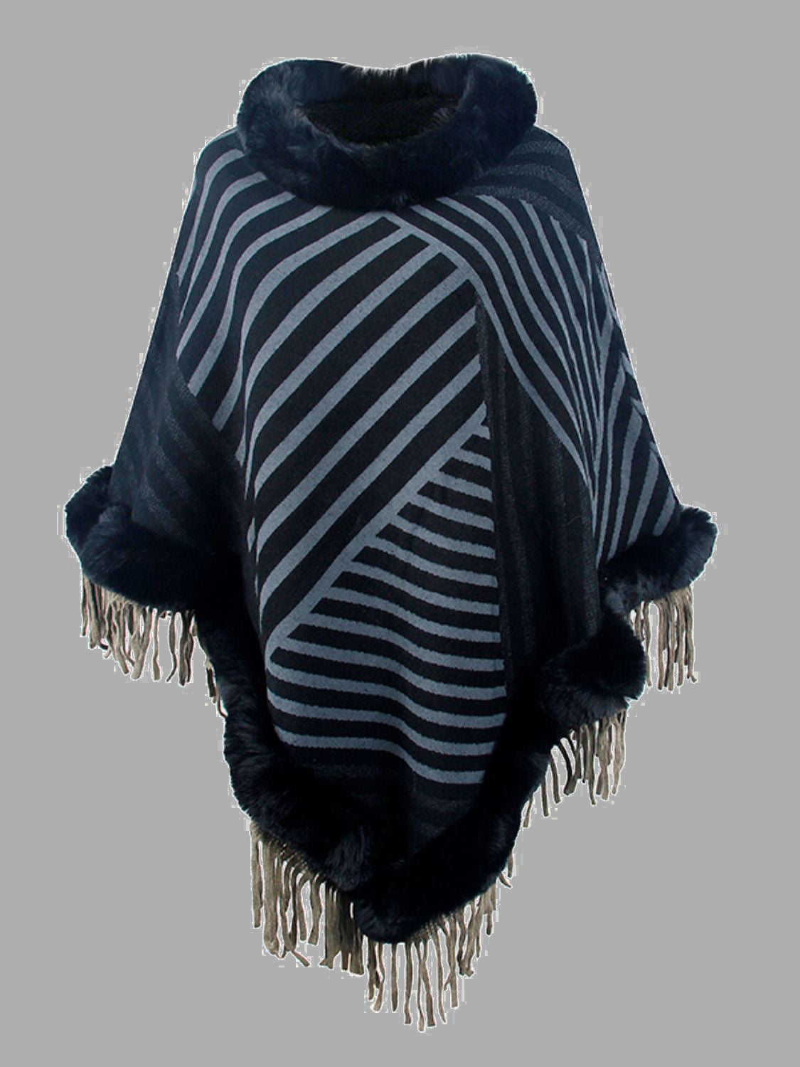 Striped Fringe Hem Poncho Outerwear