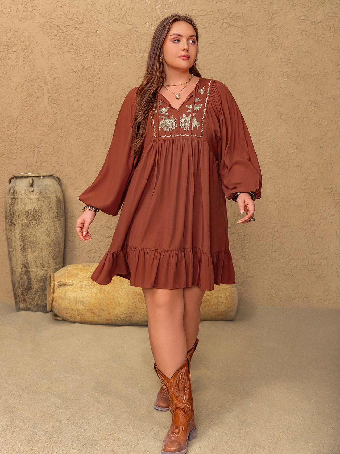 Aura Stylo - Plus Size Embroidered Tie Neck Balloon Sleeve Mini Dress