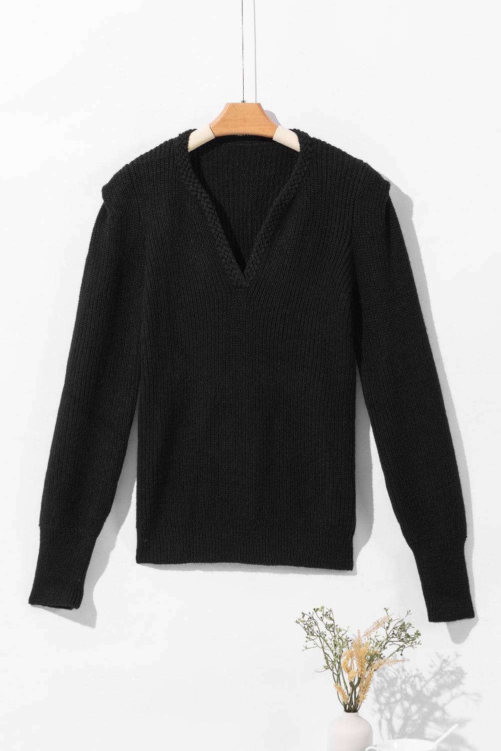 Aura Stylo - Solid Color Notched Long Sleeve Sweater