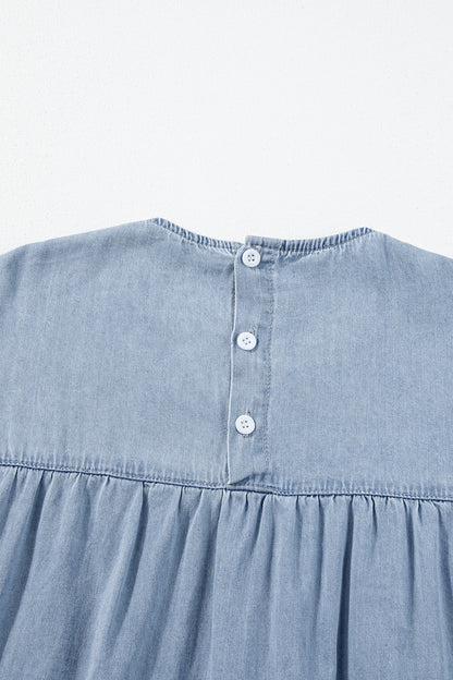 Aura Stylo - Ruffled Round Neck Cap Sleeve Denim Dress