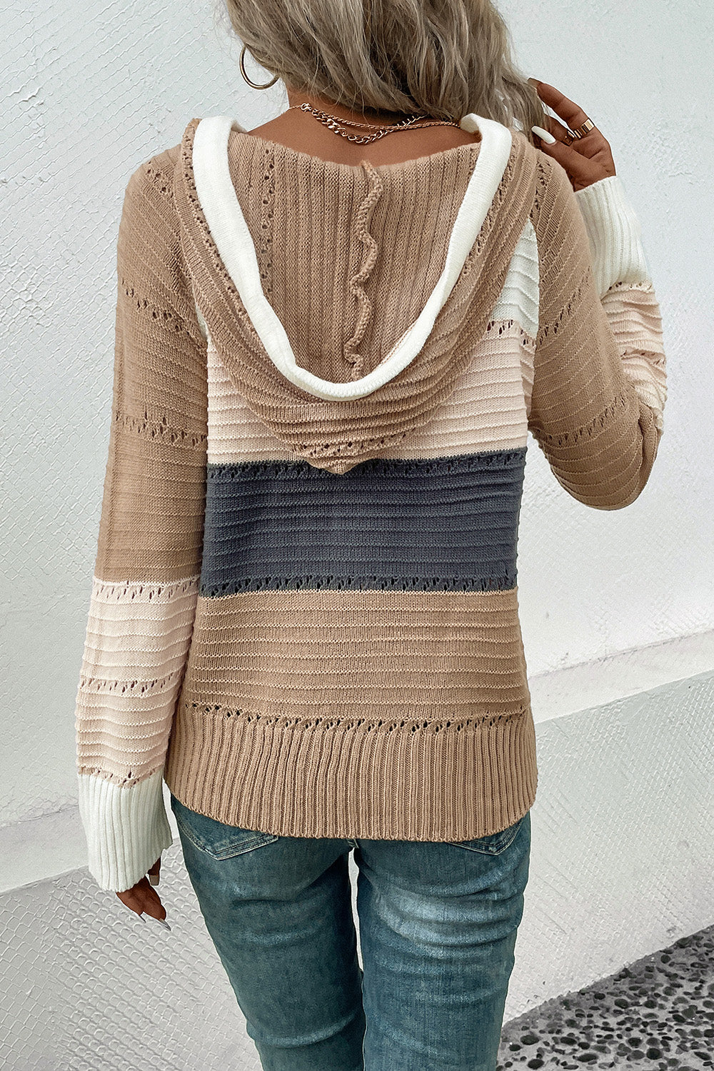 Aura Stylo - Perfee Color Block Drawstring Hooded Sweater