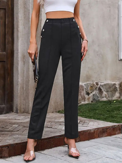 Aura Stylo - Decorative Button Elastic Waist Pants