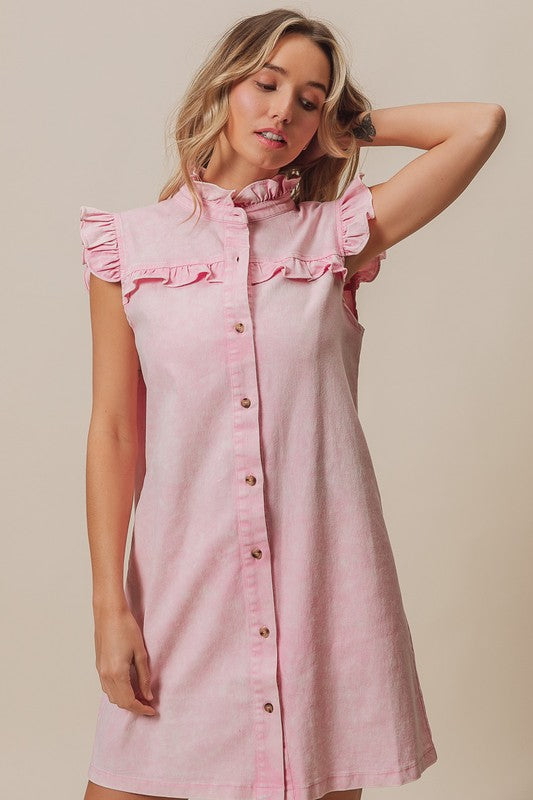 Aura Stylo - BiBi Washed Button Down Ruffled Cap Sleeve Denim Dress