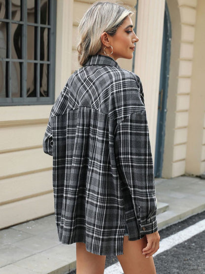 Aura Stylo - Pocketed Plaid Collared Neck Long Sleeve Shirt