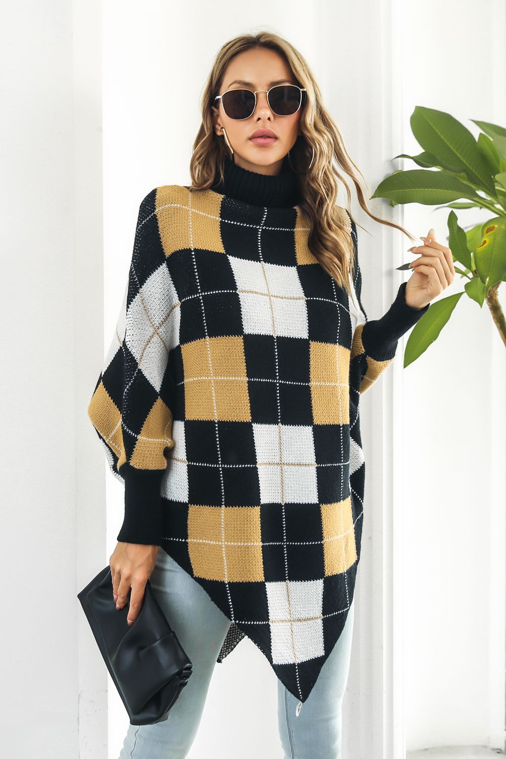 Aura Stylo - Plaid Turtleneck Dolman Sleeve Poncho