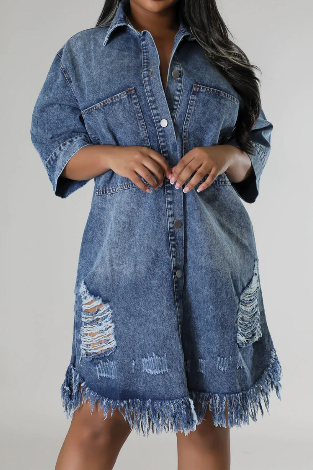 Aura Stylo - Distressed Raw Hem Button Up Denim Dress