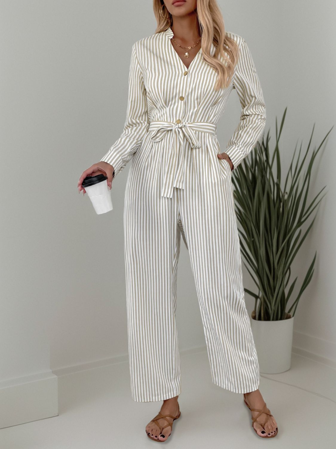 Aura Stylo - Striped Notched Long Sleeve Tie Waist Jumpsuit