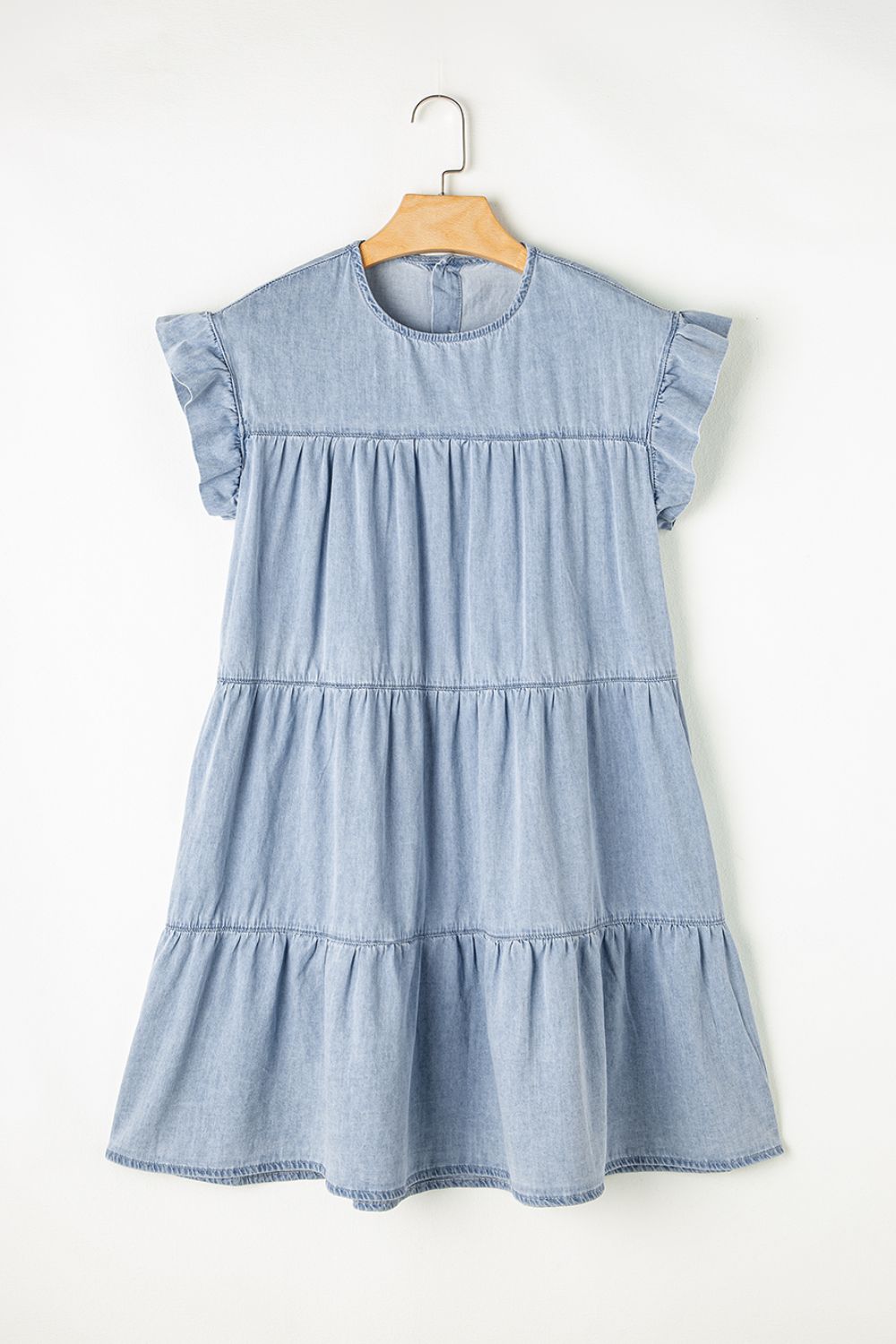 Aura Stylo - Ruffled Round Neck Cap Sleeve Denim Dress