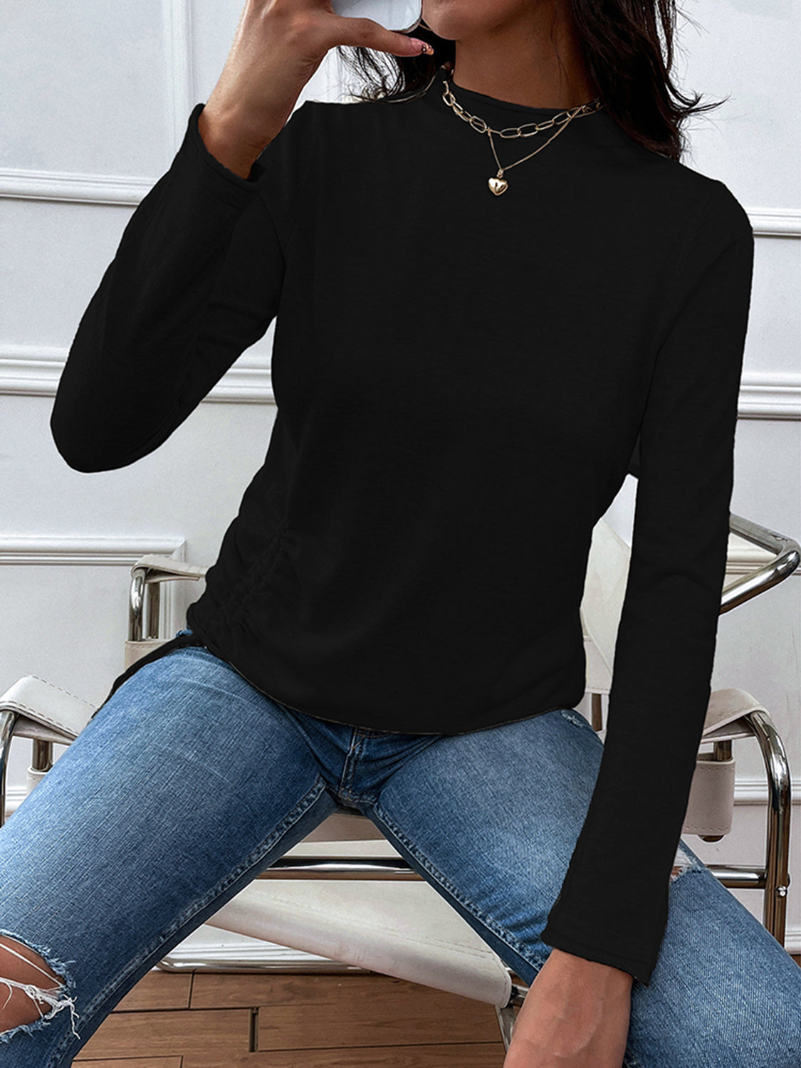 Shiny Mock Neck Long Sleeve Knit Top