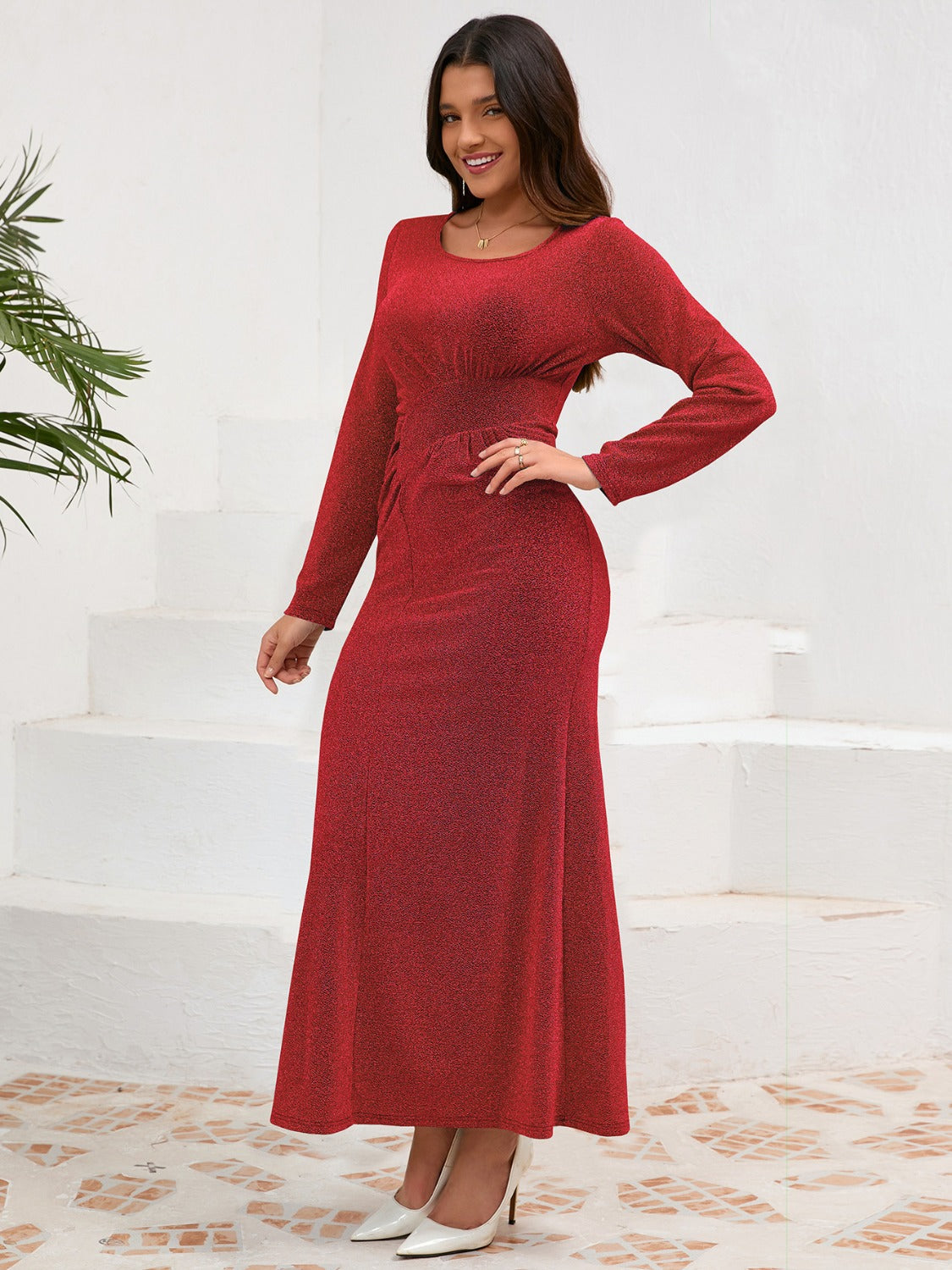 Aura Stylo - Ruched Round Neck Long Sleeve Dress