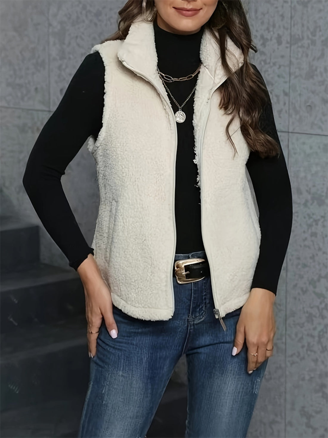 Aura Stylo - Zip Up Turtleneck Sherpa Vest Coat with Pockets