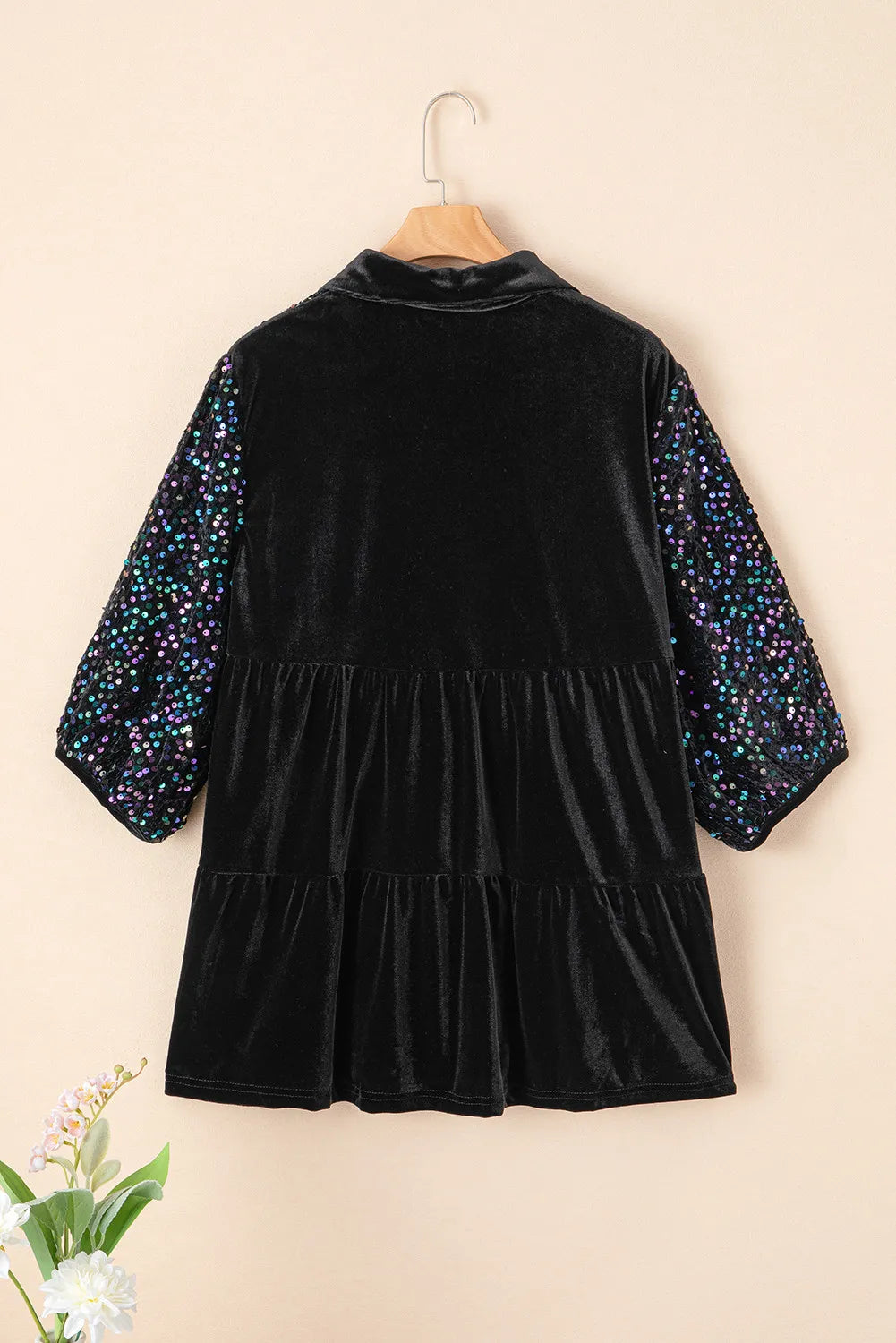 Aura Stylo - Sequin Collared Neck Three-Quarter Sleeve Oversize Shirt