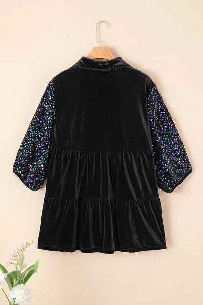 Aura Stylo - Sequin Collared Neck Three-Quarter Sleeve Oversize Shirt