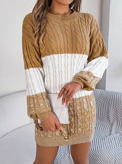 Aura Stylo - Cable-Knit Round Neck Color Block Sweater Dress