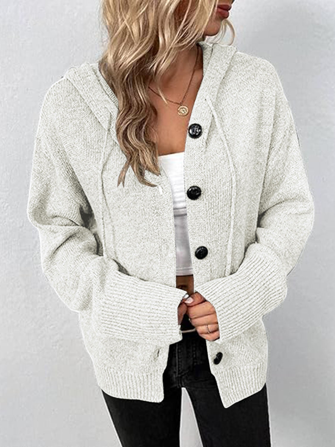 Aura Stylo - Button Up Drawstring Long Sleeve Hooded Cardigan