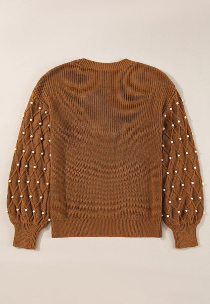  Pearl Detail Round Neck Long Sleeve Sweater