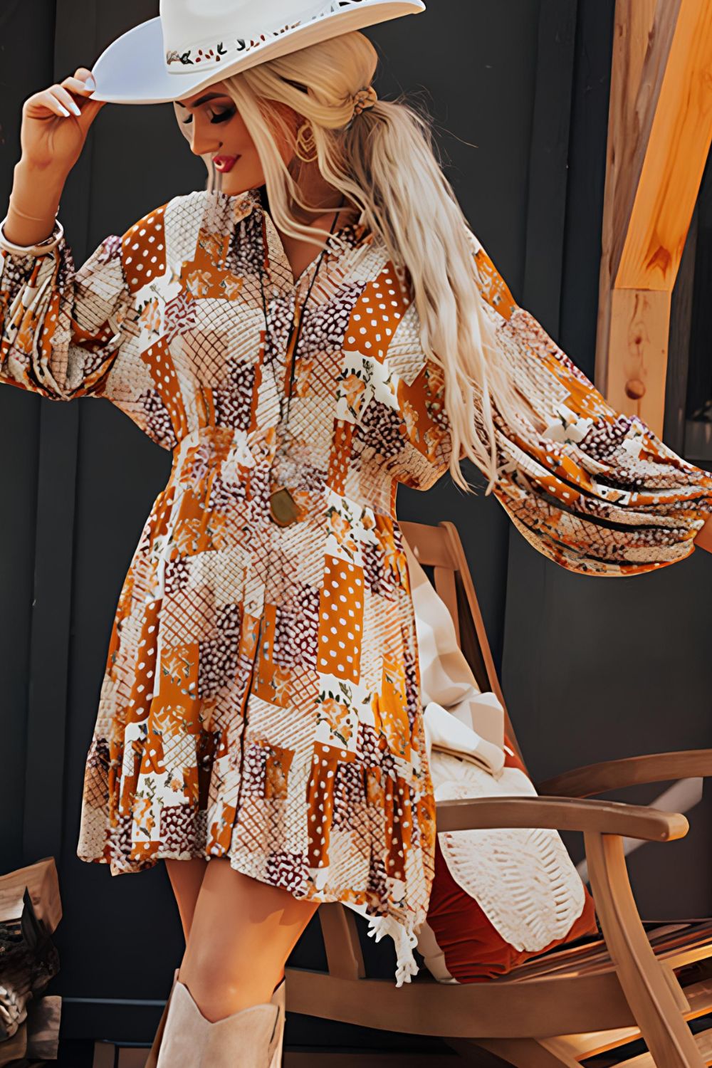 Aura Stylo - Printed Collared Neck Three-Quarter Sleeve Mini Shirt Dress