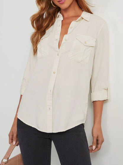 Collared Neck Roll Tab Sleeve Denim Top