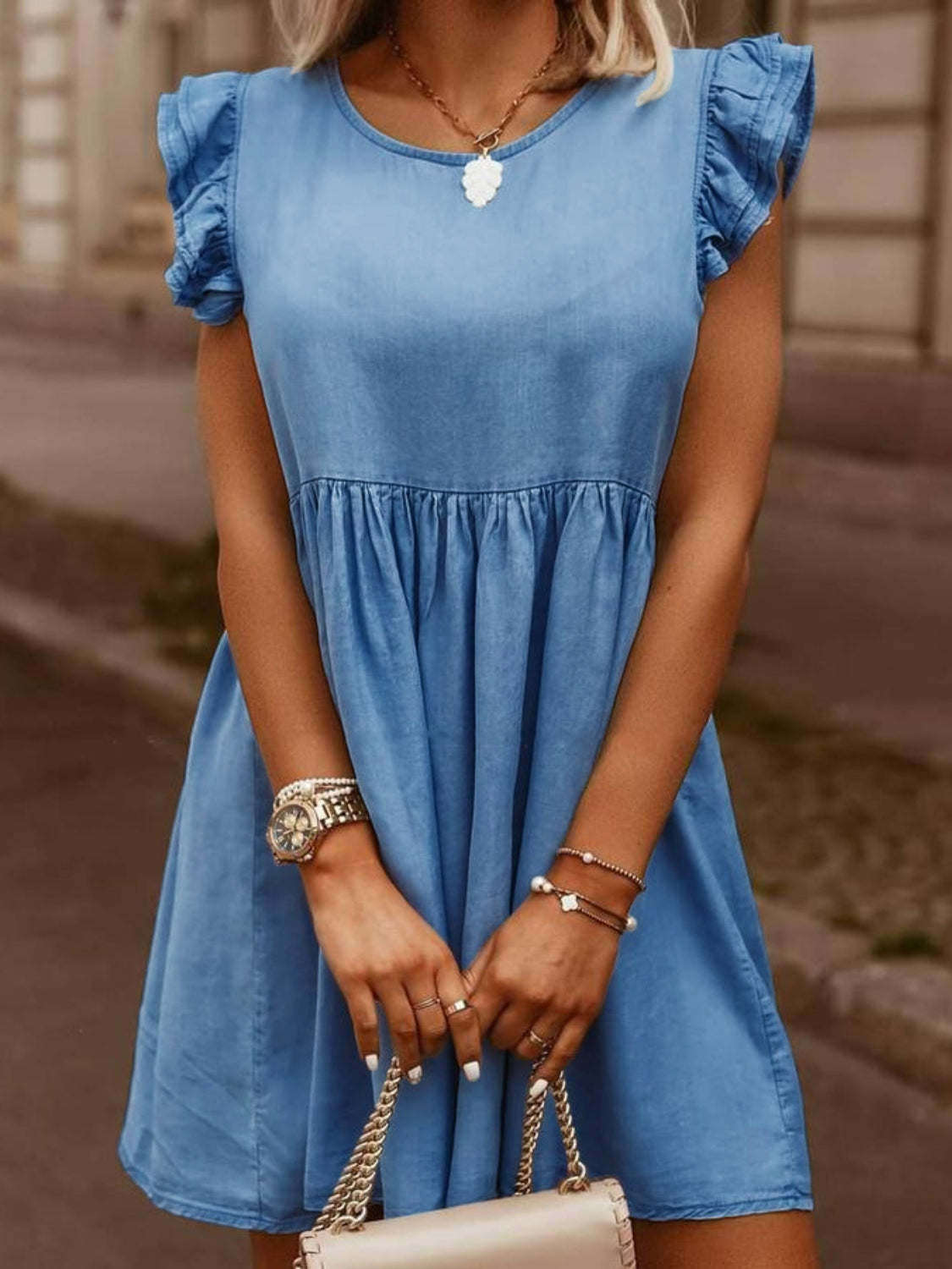 Aura Stylo - Full Size Ruffled Round Neck Cap Sleeve Denim Dress