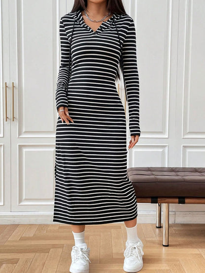 Aura Stylo - Drawstring Striped Long Sleeve Hooded Dress