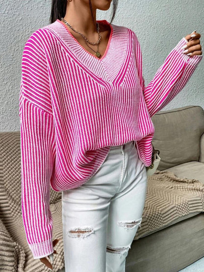 Aura Stylo - Striped V-Neck Long Sleeve Sweater