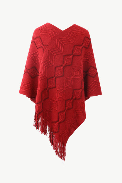 Pearl Trim V Neck Fringe Hem Poncho