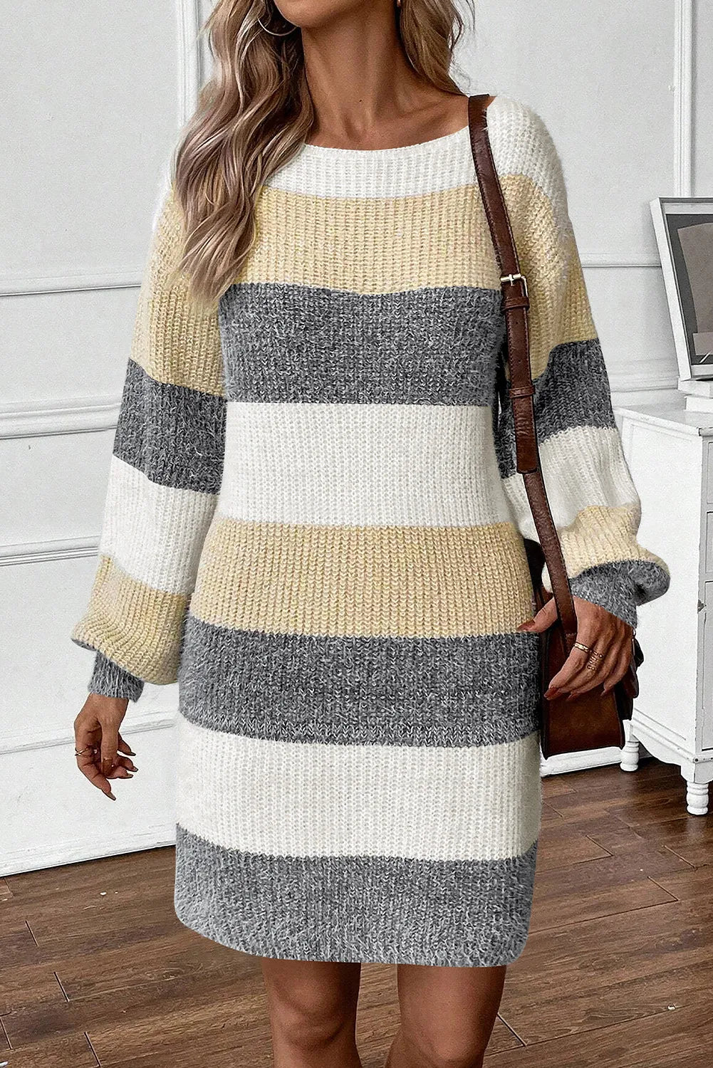 Aura Stylo - Color Block Boat Neck Long Sleeve Sweater Dress