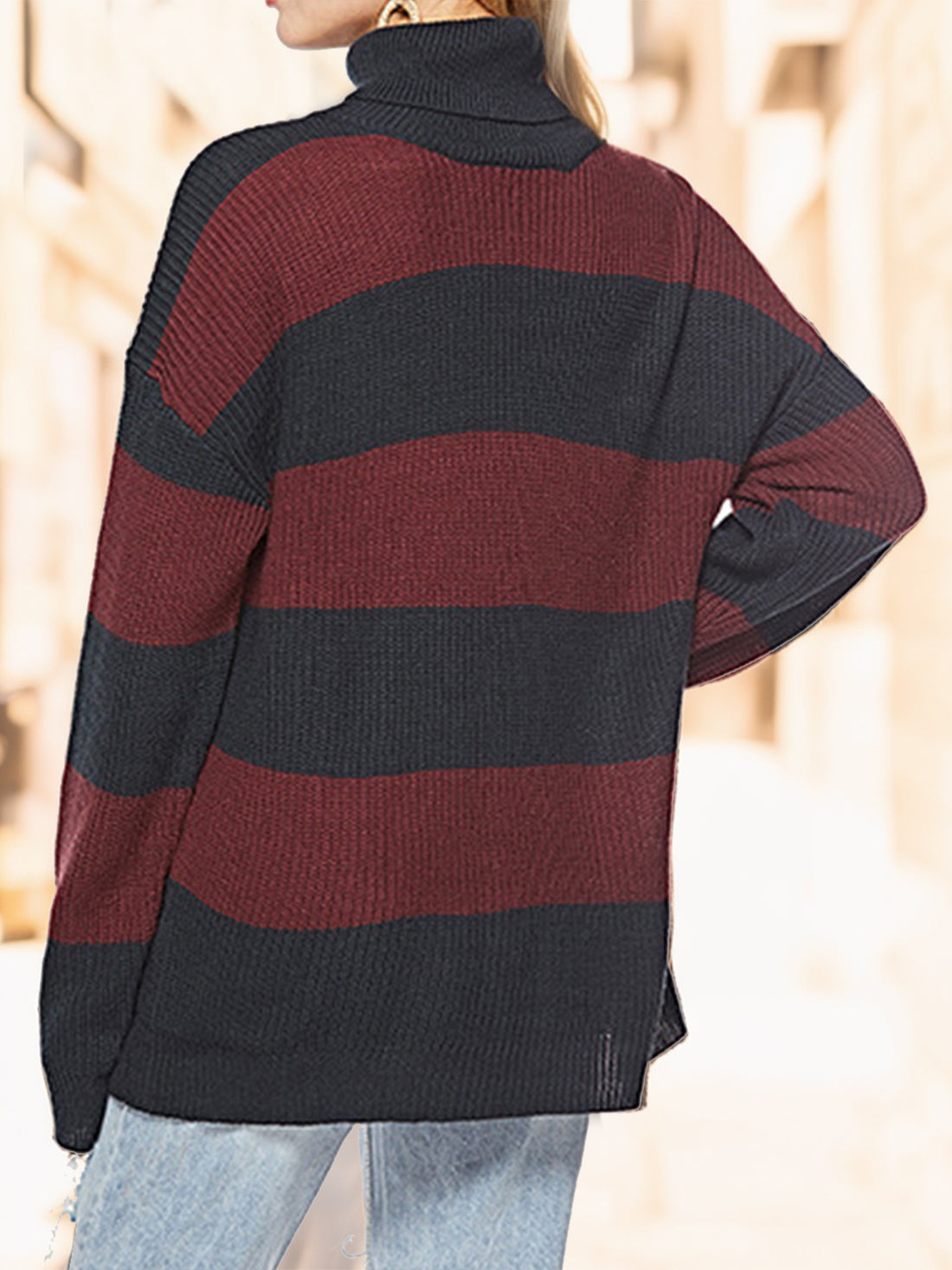 Aura Stylo - Striped Turtleneck Long Sleeve Sweater